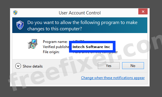 Screenshot where Intech Software Inc appears as the verified publisher in the UAC dialog